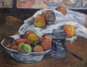 Bol de fruits et chope devant une fenêtre, c.1890 - Paul Gauguin